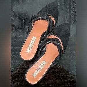 Chelsea and Violet Black Suede Chunk Heel Pointed Toe Bow